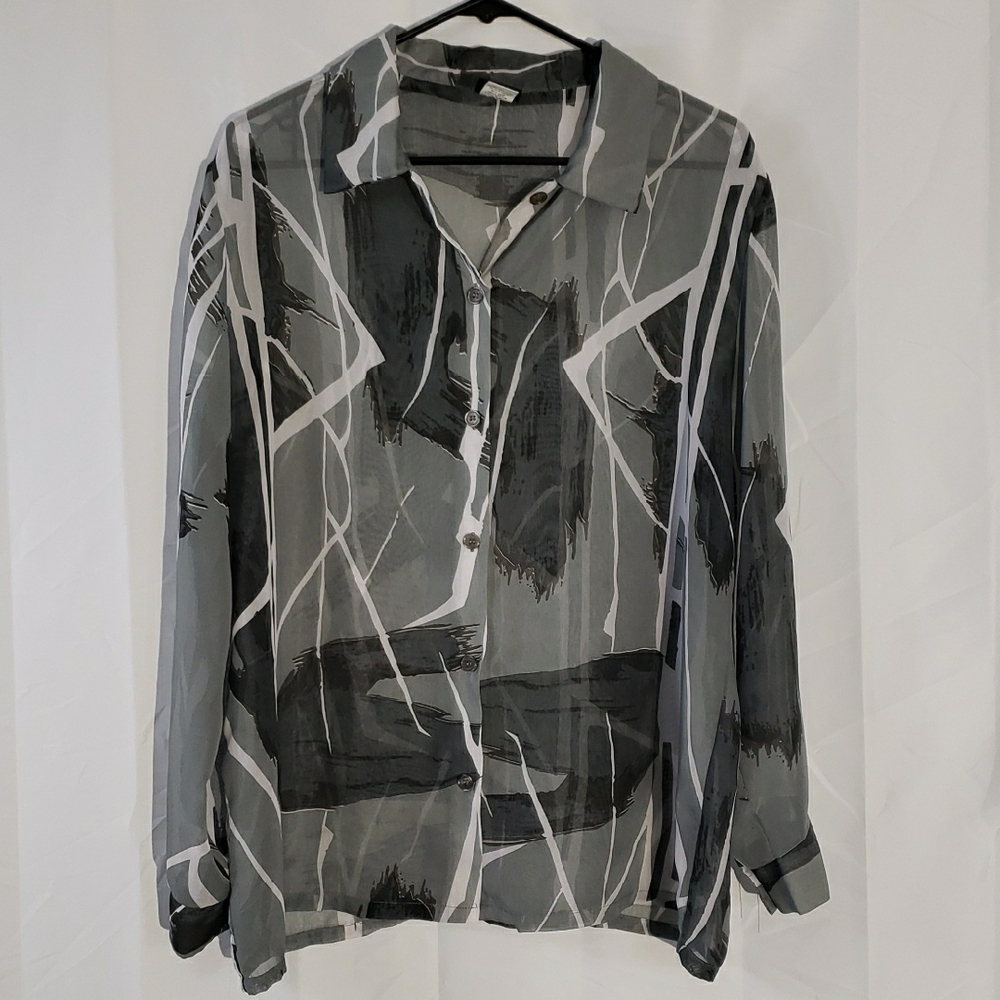 Chic Abstract Button-Up Blouse Sheer baloon sleeves career office artsy size L